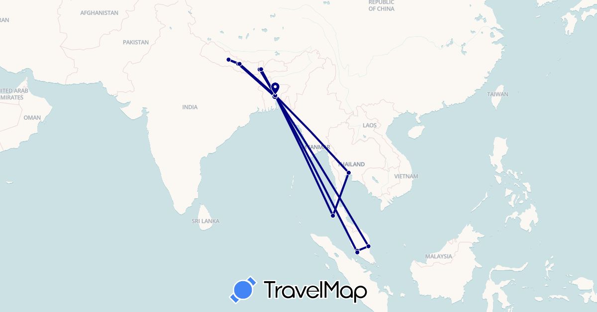 TravelMap itinerary: driving in Bangladesh, India, Malaysia, Nepal, Thailand (Asia)